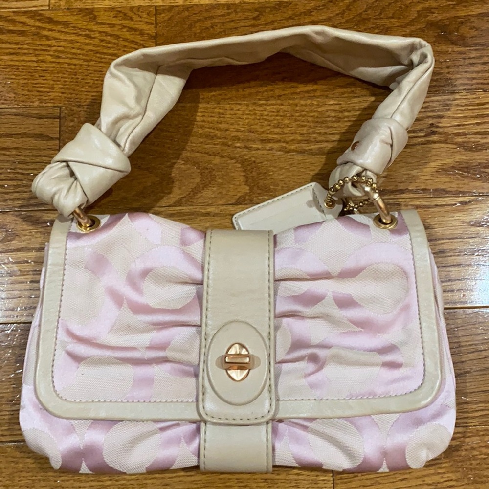 Coach clutch, pink with gathered leather strap